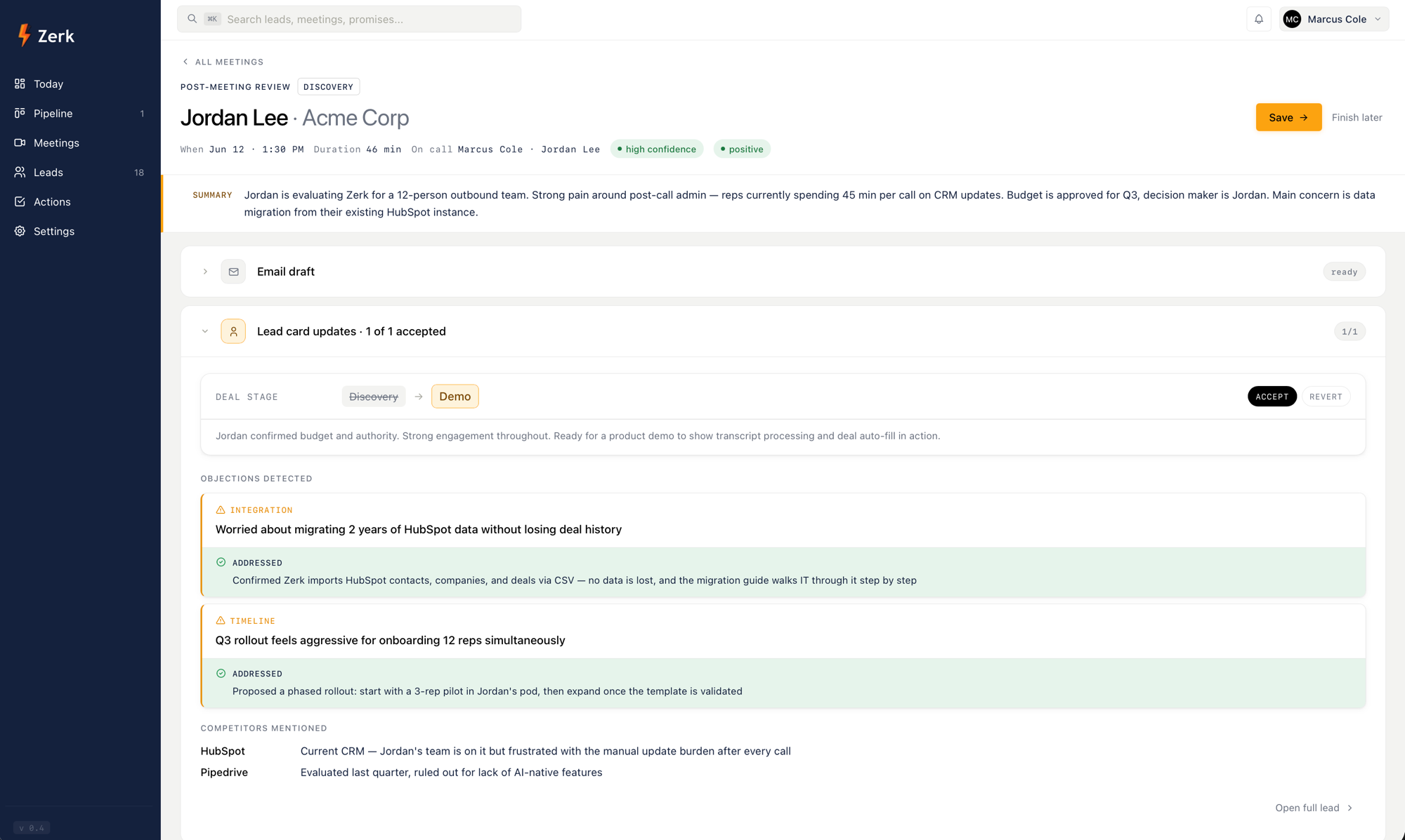 Zerk post-meeting review: email draft, lead card updates, objections detected
