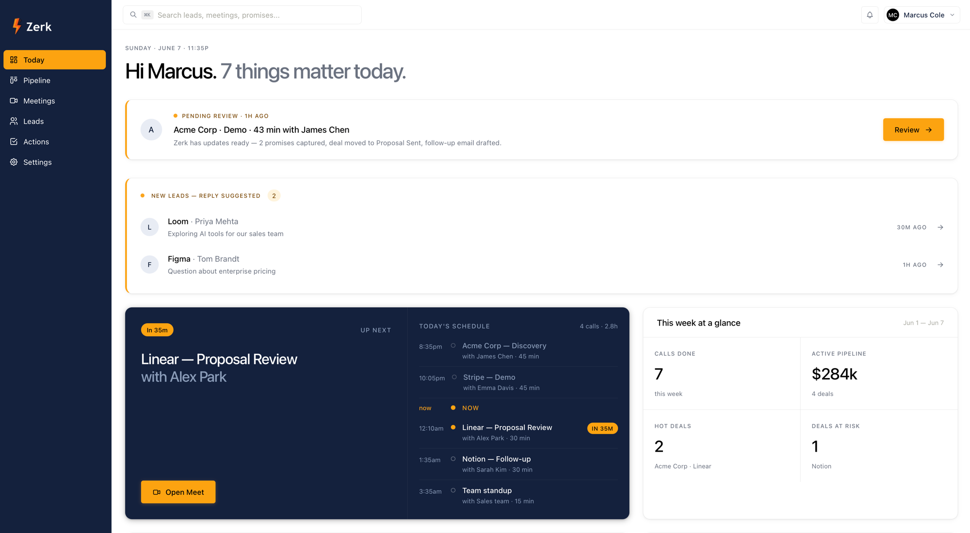 Zerk dashboard, Today view